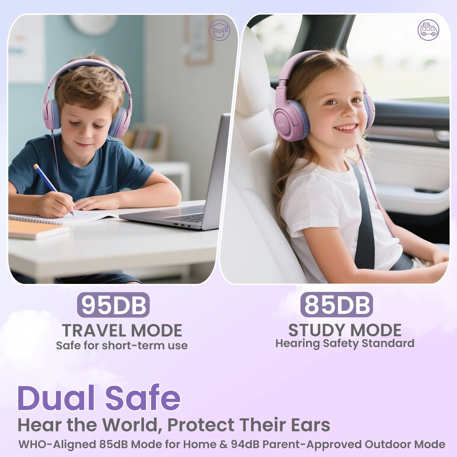 Acer HK03 Kids Wired Headphones for School 85/94dB Volume Limiter 3.5mm Jack Foldable Stereo Sound Headset for Girls Boy Gifts