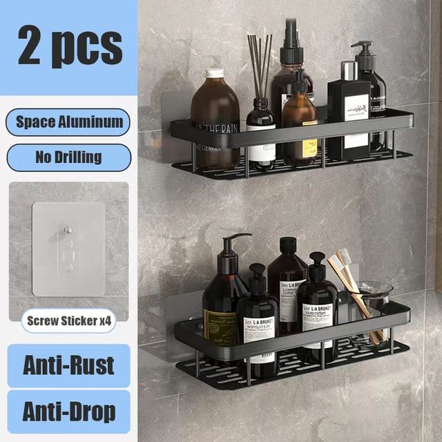 No Drill Wall Mounted Shower Corner Rack Bathroom Kitchen Accessories