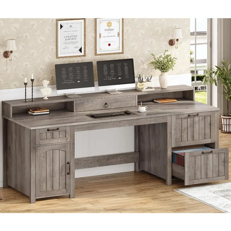 Farmhouse 63" Executive Desk, Wood Computer Desk With Drawers And Storage Cabinet, Home Office Desk With File Drawer
