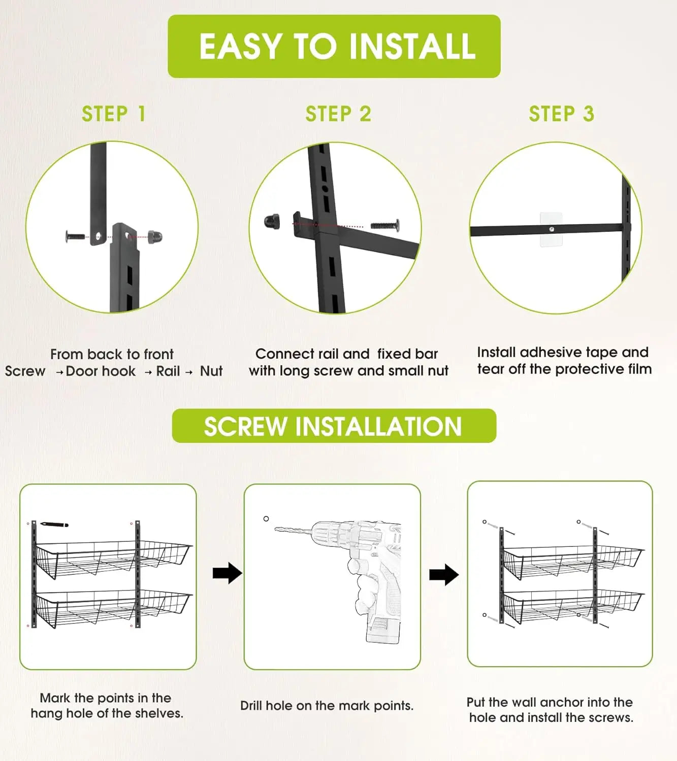 Over Door Pantry Organizer with 8 Adjustable Baskets, Heavy-Duty Metal Wall Mount Spice Rack for Home Kitchen Storage - White