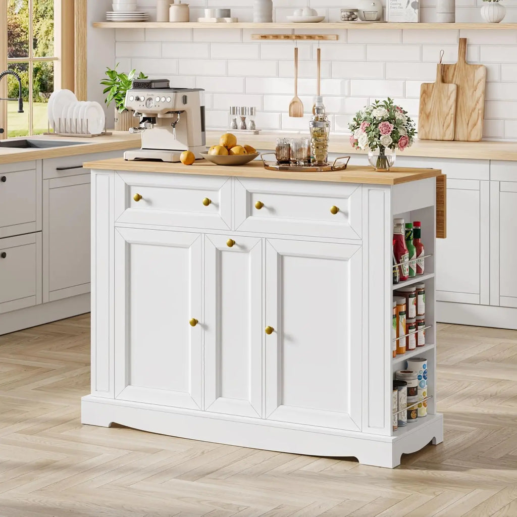 Kitchen Island with Storage, Kitchen Cart with Drop Leaf Countertop, Island Table with Open Spice Rack, 2 Drawers & Pull-Out Sli