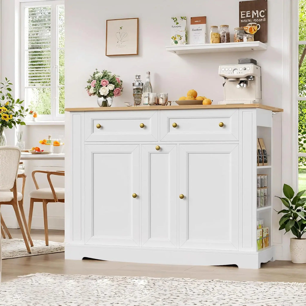 Kitchen Island with Storage, Kitchen Cart with Drop Leaf Countertop, Island Table with Open Spice Rack, 2 Drawers & Pull-Out Sli