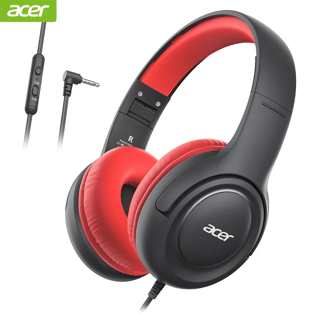 Acer HK03 Kids Wired Headphones for School 85/94dB Volume Limiter 3.5mm Jack Foldable Stereo Sound Headset for Girls Boy Gifts