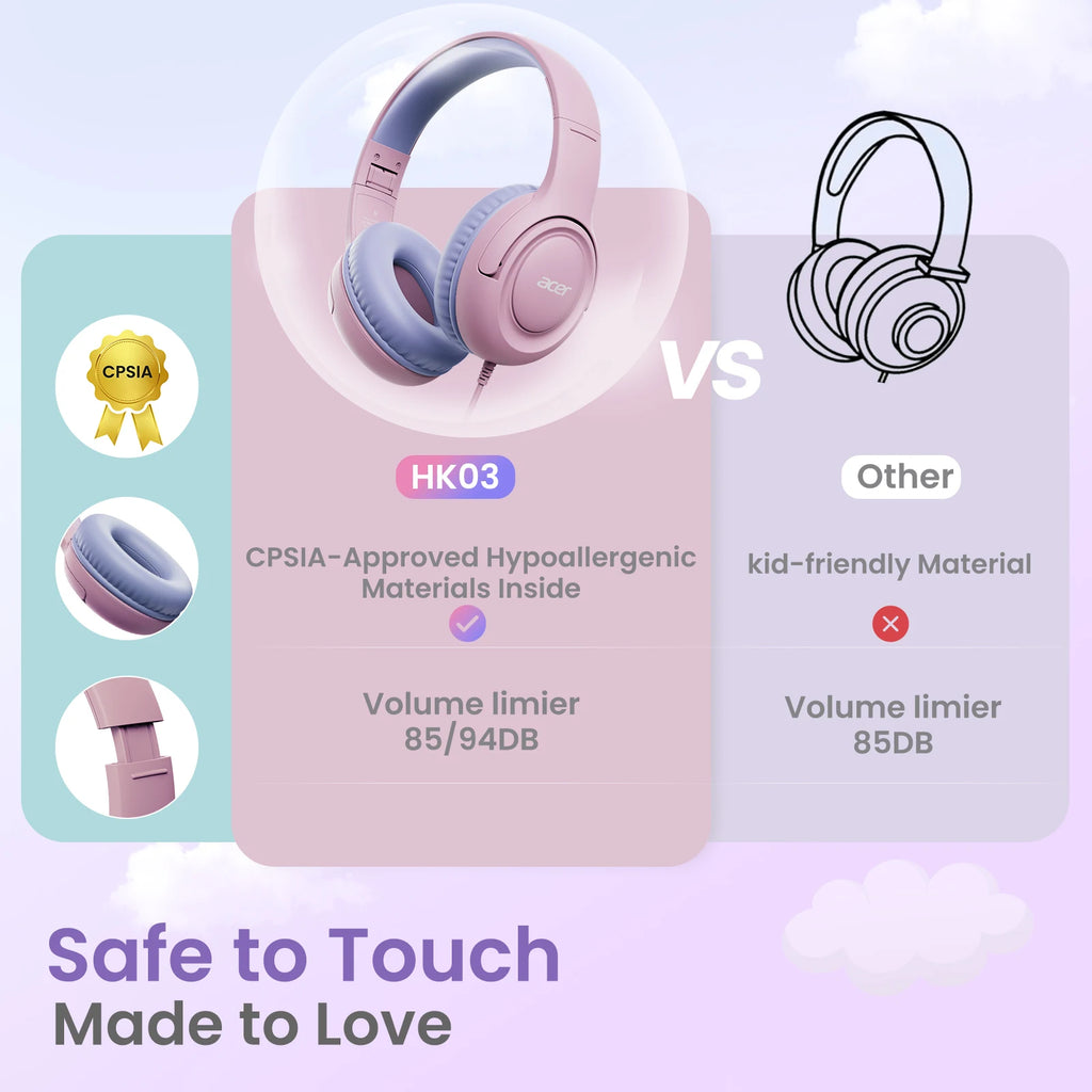 Acer HK03 Kids Wired Headphones for School 85/94dB Volume Limiter 3.5mm Jack Foldable Stereo Sound Headset for Girls Boy Gifts