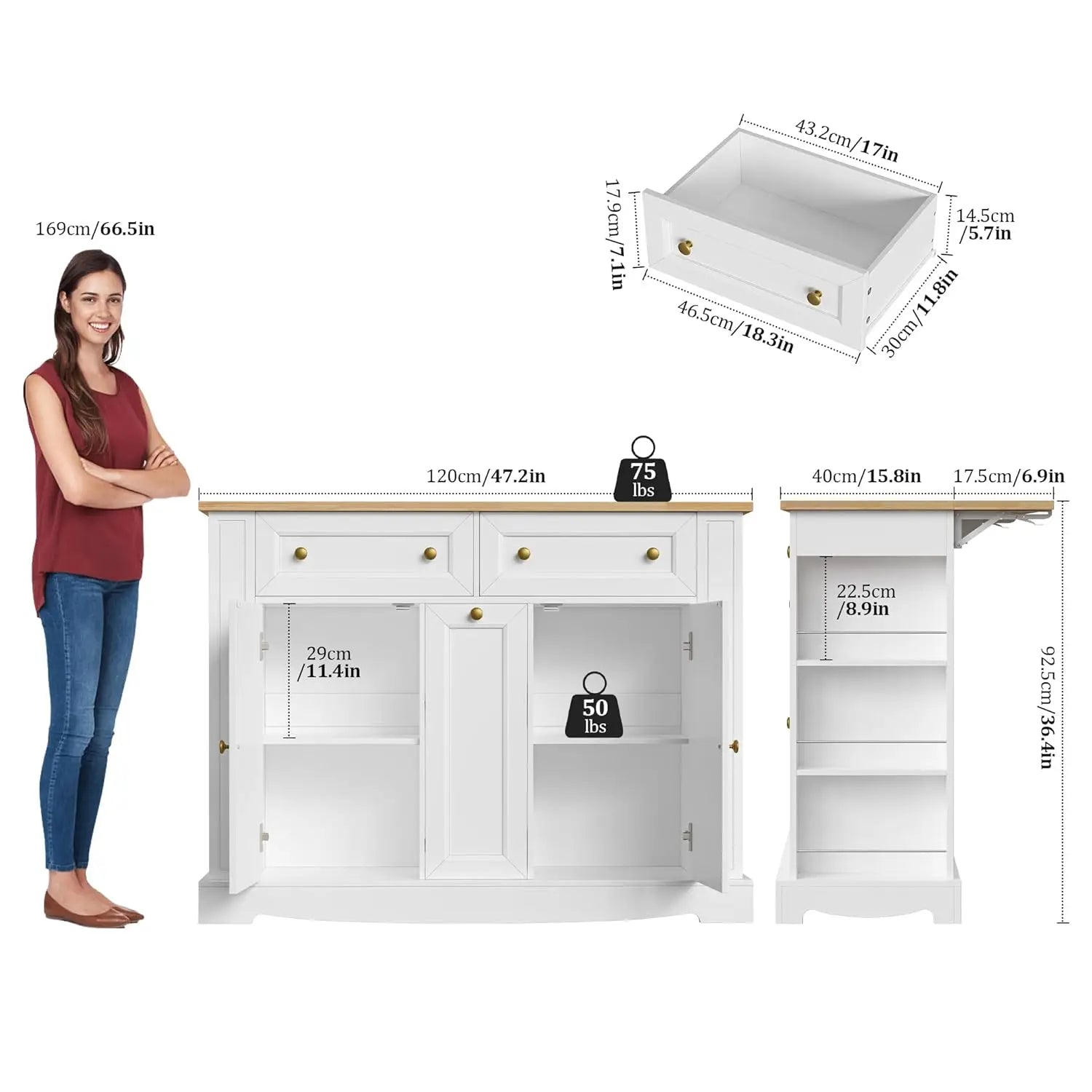 Kitchen Island with Storage, Kitchen Cart with Drop Leaf Countertop, Island Table with Open Spice Rack, 2 Drawers & Pull-Out Sli