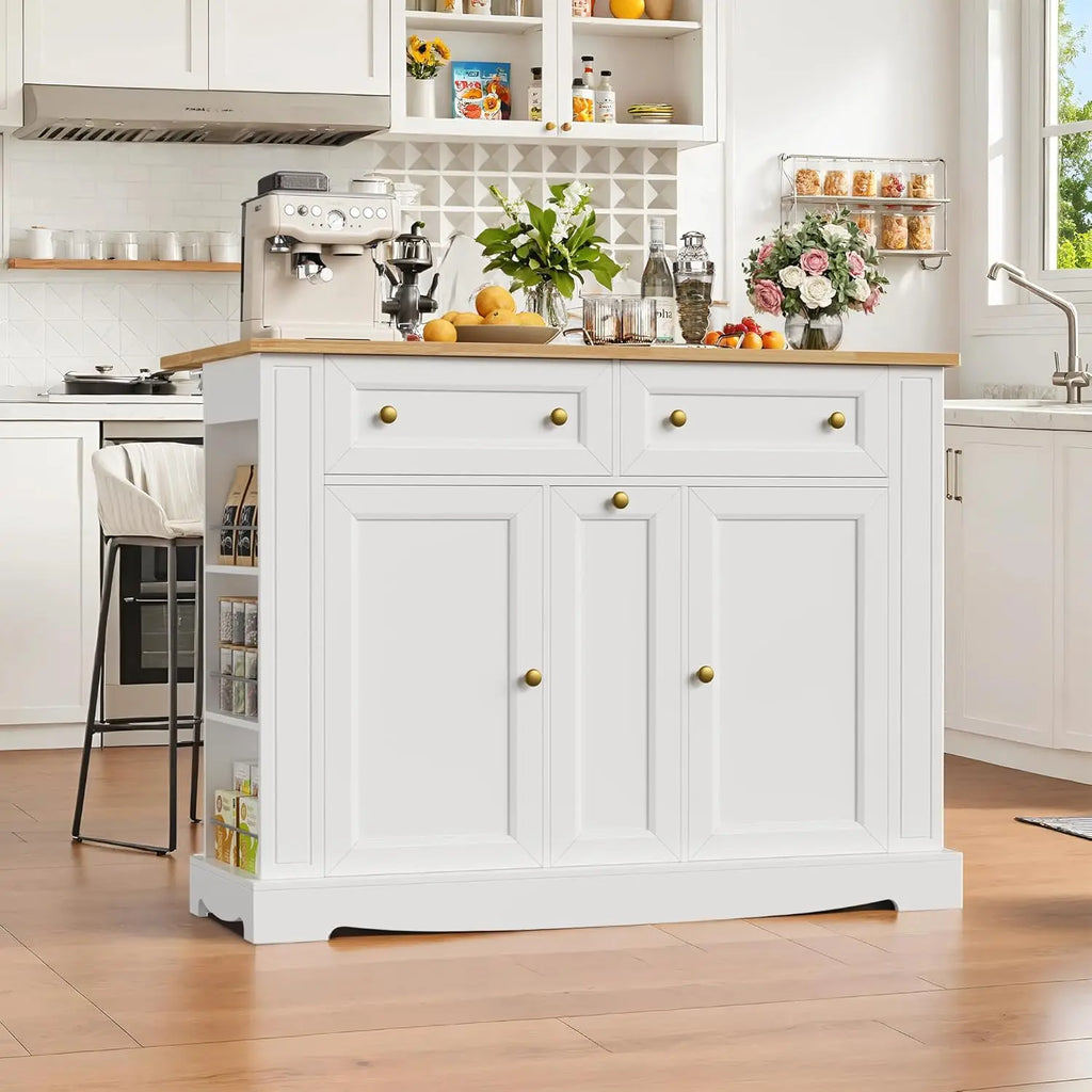 Kitchen Island with Storage, Kitchen Cart with Drop Leaf Countertop, Island Table with Open Spice Rack, 2 Drawers & Pull-Out Sli