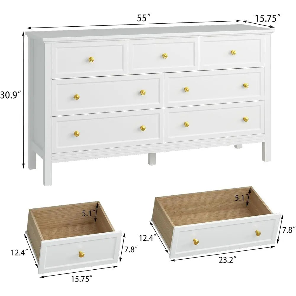 White Bedroom Dressers with Gold Handles, 7 Drawer Dresser, 55'' White and Gold TV Stand, Dressers & Chests for Hallway