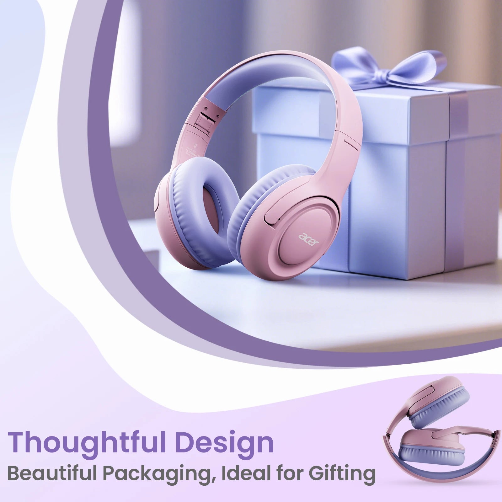 Acer HK03 Kids Wired Headphones for School 85/94dB Volume Limiter 3.5mm Jack Foldable Stereo Sound Headset for Girls Boy Gifts