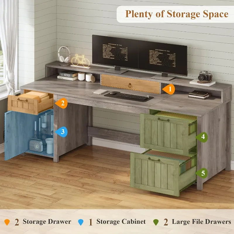 Farmhouse 63" Executive Desk, Wood Computer Desk With Drawers And Storage Cabinet, Home Office Desk With File Drawer