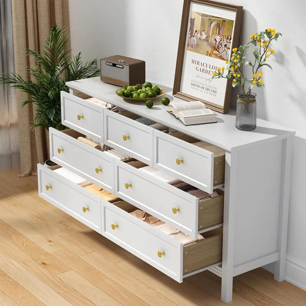 White Bedroom Dressers with Gold Handles, 7 Drawer Dresser, 55'' White and Gold TV Stand, Dressers & Chests for Hallway
