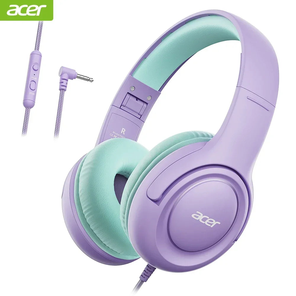 Acer HK03 Kids Wired Headphones for School 85/94dB Volume Limiter 3.5mm Jack Foldable Stereo Sound Headset for Girls Boy Gifts