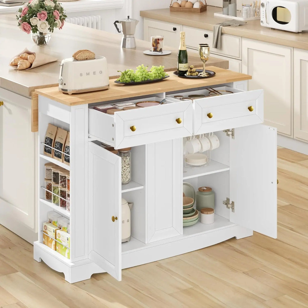 Kitchen Island with Storage, Kitchen Cart with Drop Leaf Countertop, Island Table with Open Spice Rack, 2 Drawers & Pull-Out Sli