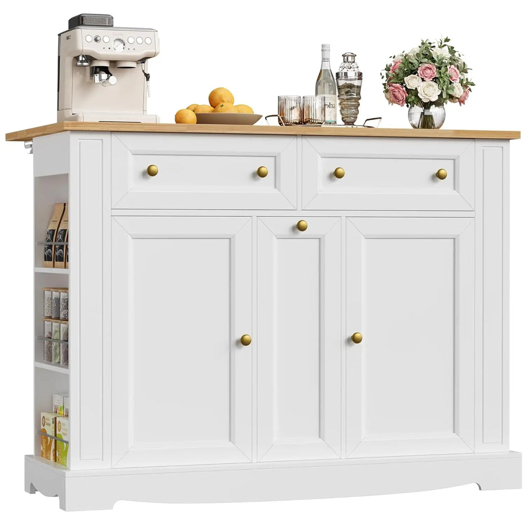 Kitchen Island with Storage, Kitchen Cart with Drop Leaf Countertop, Island Table with Open Spice Rack, 2 Drawers & Pull-Out Sli