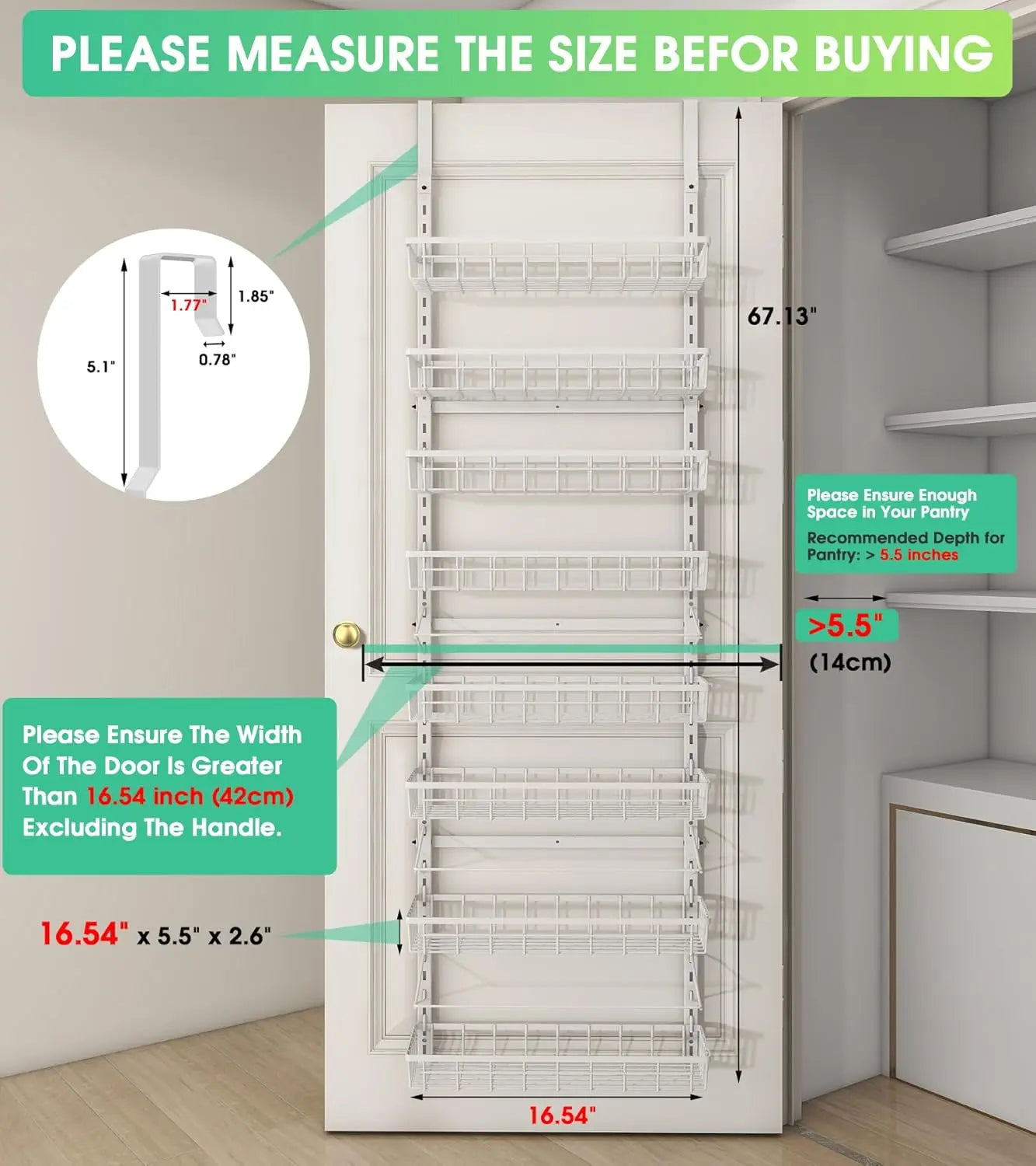 Over Door Pantry Organizer with 8 Adjustable Baskets, Heavy-Duty Metal Wall Mount Spice Rack for Home Kitchen Storage - White