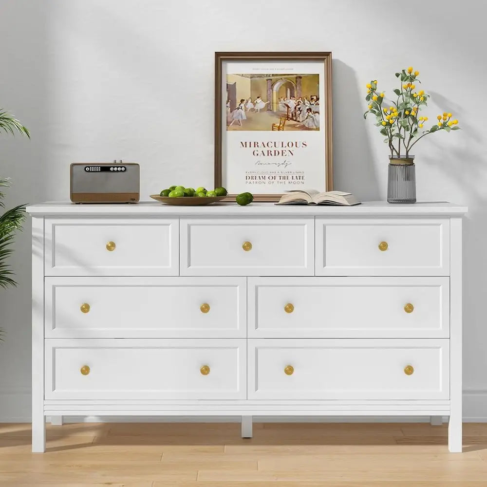 White Bedroom Dressers with Gold Handles, 7 Drawer Dresser, 55'' White and Gold TV Stand, Dressers & Chests for Hallway